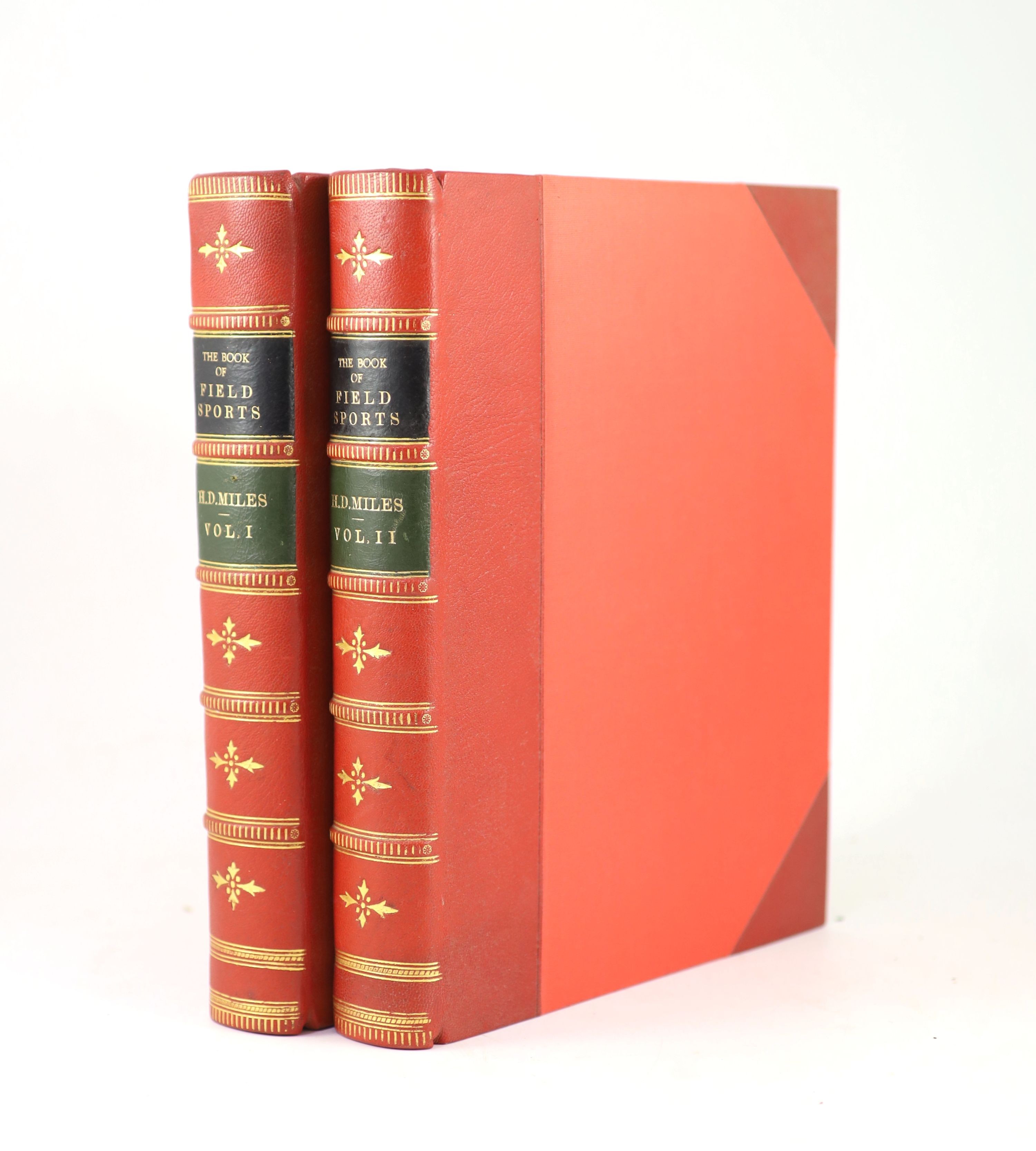 Miles, Henry Downes (editor) - The Book of Field Sports, and Library of Veterinary Knowledge. 2 Vols. Complete with 74 plates (6 of which are coloured) and numerous text illus. Half morocco and cloth, gilt ruled and pane